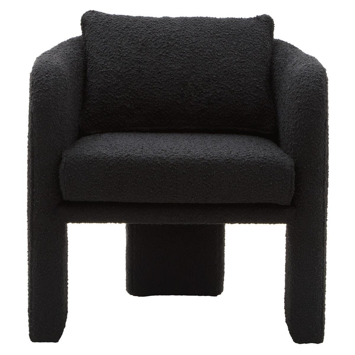 Black boucle accent chair with curved arms and cushion, front view