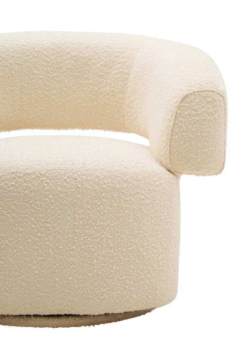 Curved cream boucle accent chair with textured upholstery and open back detail