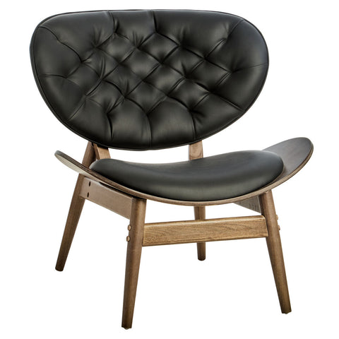 Stylish black leather effect chair featuring a tufted backrest and a sleek, curved seat design.