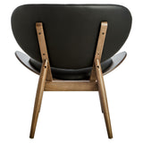 Stylish black leather effect chair featuring a curved backrest and a sleek elm wood frame.