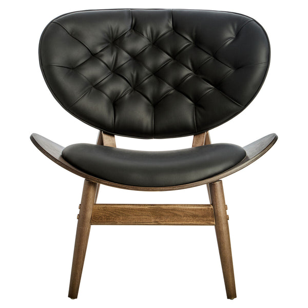 Stylish black leather effect chair featuring a tufted backrest and a smooth, curved seat, supported by a sturdy elm wood frame with angled legs.