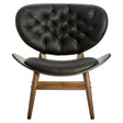 Stylish black leather effect chair featuring a tufted backrest and a smooth, curved seat, supported by a sturdy elm wood frame with angled legs.