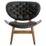 Stylish black leather effect chair featuring a tufted backrest and a smooth, curved seat, supported by a sturdy elm wood frame with angled legs.