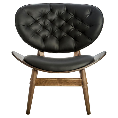 Stylish black leather effect chair featuring a tufted backrest and a smooth, curved seat, supported by a sturdy elm wood frame with angled legs.