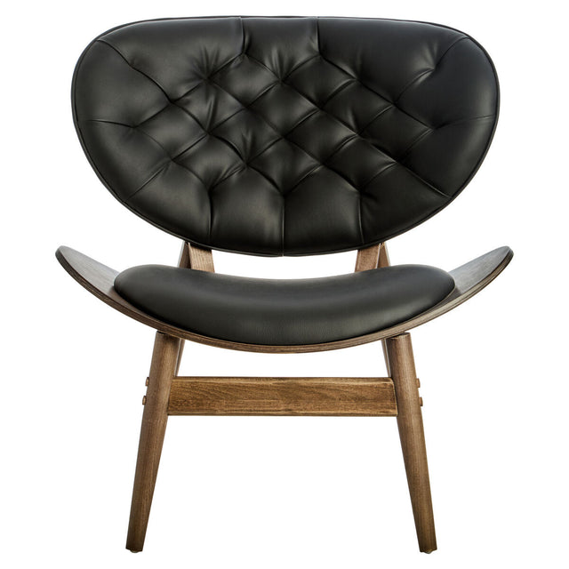 Stylish black leather effect chair featuring a tufted backrest and a smooth, curved seat, supported by a sturdy elm wood frame with angled legs.