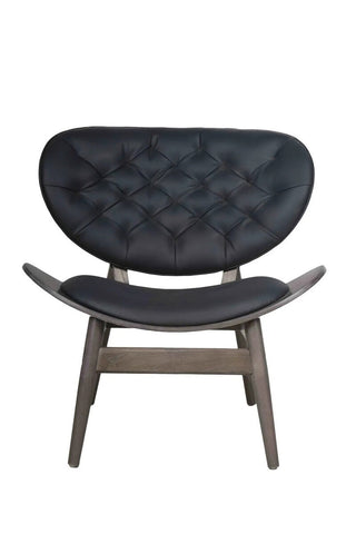 Stylish black leather effect chair featuring a curved backrest with diamond tufting and a smooth seat, supported by a sturdy elm wood frame with a natural finish.