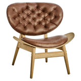 Brown leather effect chair featuring a tufted backrest and a smooth seat, supported by a light elm wood frame with angled legs.