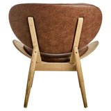 Brown leather effect chair featuring a curved backrest and a comfortable seat, supported by a sturdy elm wood frame with angled legs.