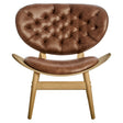 Brown leather effect chair featuring a tufted backrest and a smooth, curved seat.