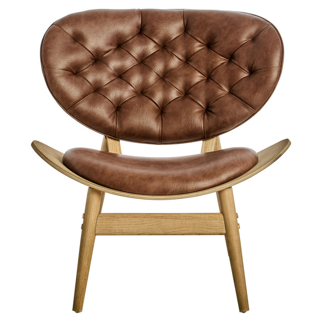 Brown leather effect chair featuring a tufted backrest and a smooth, curved seat.