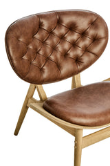 Brown leather effect chair featuring a tufted backrest and a smooth seat, supported by a natural elm wood frame with angled legs.