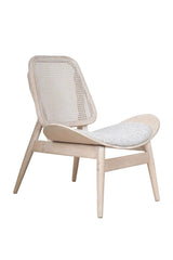 Stylish grey fabric chair featuring a curved cane backrest and a plush seat cushion, supported by light washed elm wood legs.