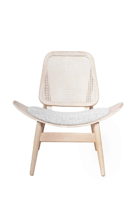 Stylish grey fabric chair featuring a curved cane backrest and a comfortable foam seat, supported by light washed elm wood legs.