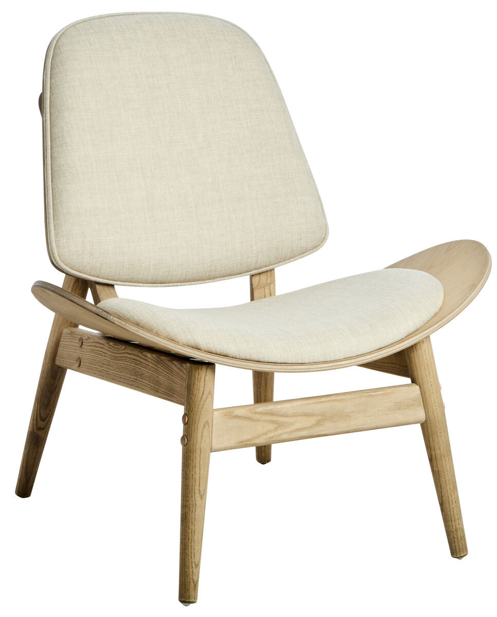 Beige fabric chair with a curved backrest and wide seat, featuring washed elm wood legs and armrests.