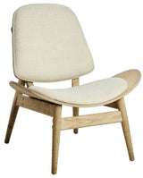 Beige fabric chair with a curved backrest and wide seat, featuring washed elm wood legs and armrests.