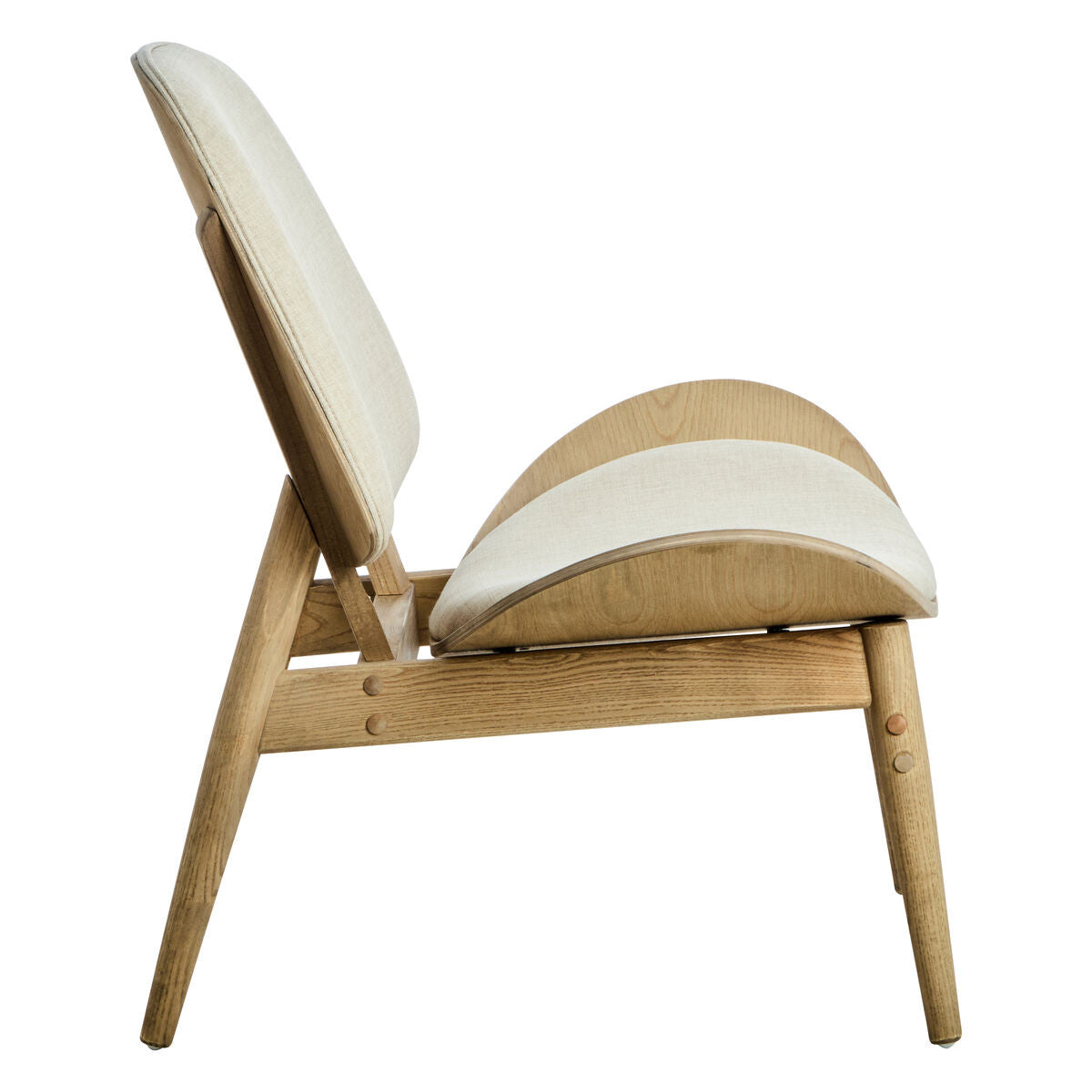 Beige fabric chair featuring a curved backrest and seat, supported by a natural washed elm wood frame with tapered legs.