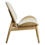 Beige fabric chair featuring a curved backrest and seat, supported by a natural washed elm wood frame with tapered legs.