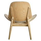 Beige fabric chair featuring a curved backrest and natural washed elm wood legs, showcasing a minimalist design with a smooth finish.