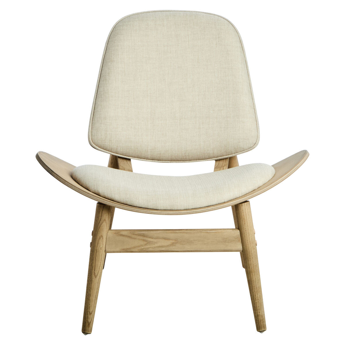 Beige fabric chair featuring a curved backrest and seat, supported by natural washed elm wood legs.