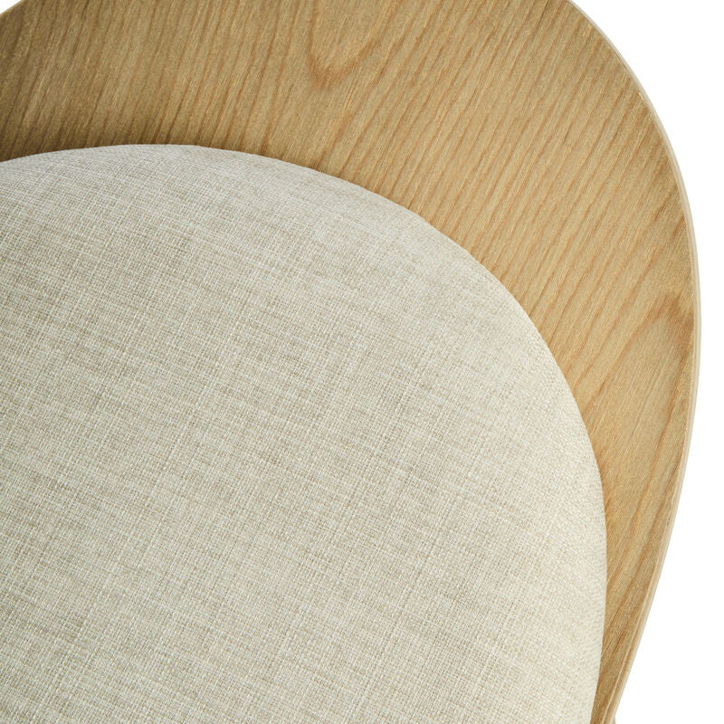 Beige fabric chair featuring a rounded seat with a textured finish, complemented by a natural washed elm wood backrest and legs.