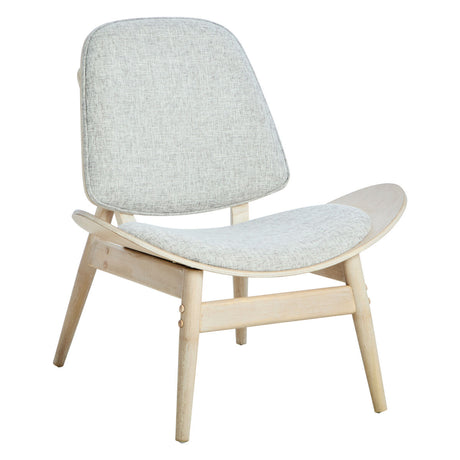 Stylish grey fabric chair featuring a curved backrest and seat, complemented by a washed elm wood frame.