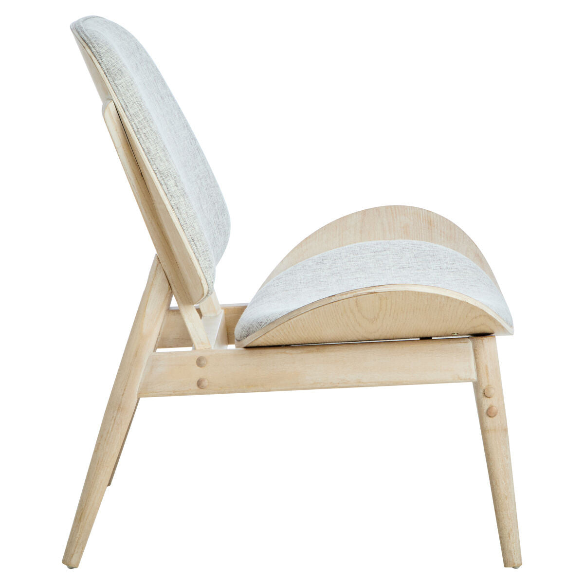 Side view of a grey fabric chair featuring a curved backrest and seat, supported by a light washed elm wood frame and legs.