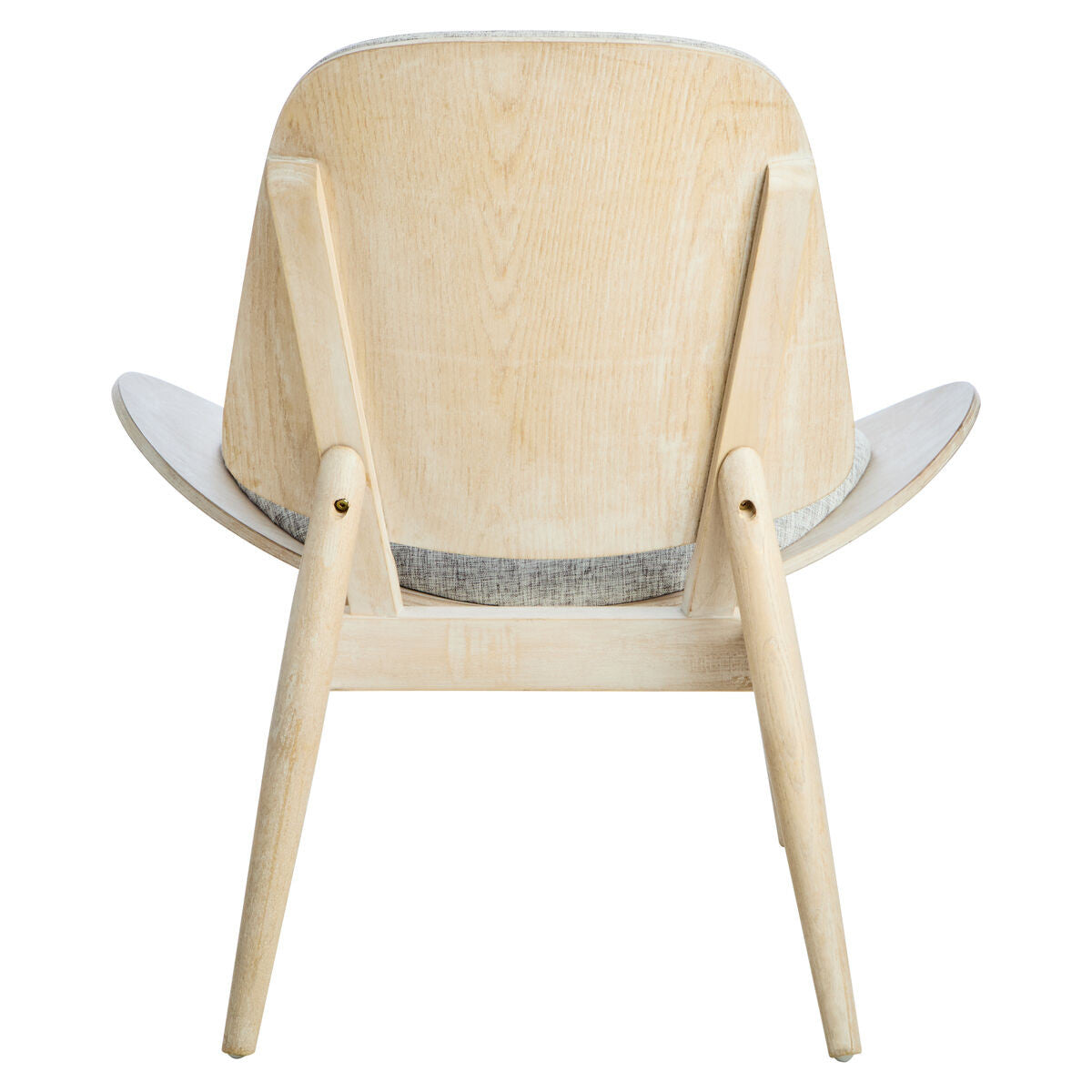 Grey fabric chair featuring a gently curved backrest and a washed elm wood frame.