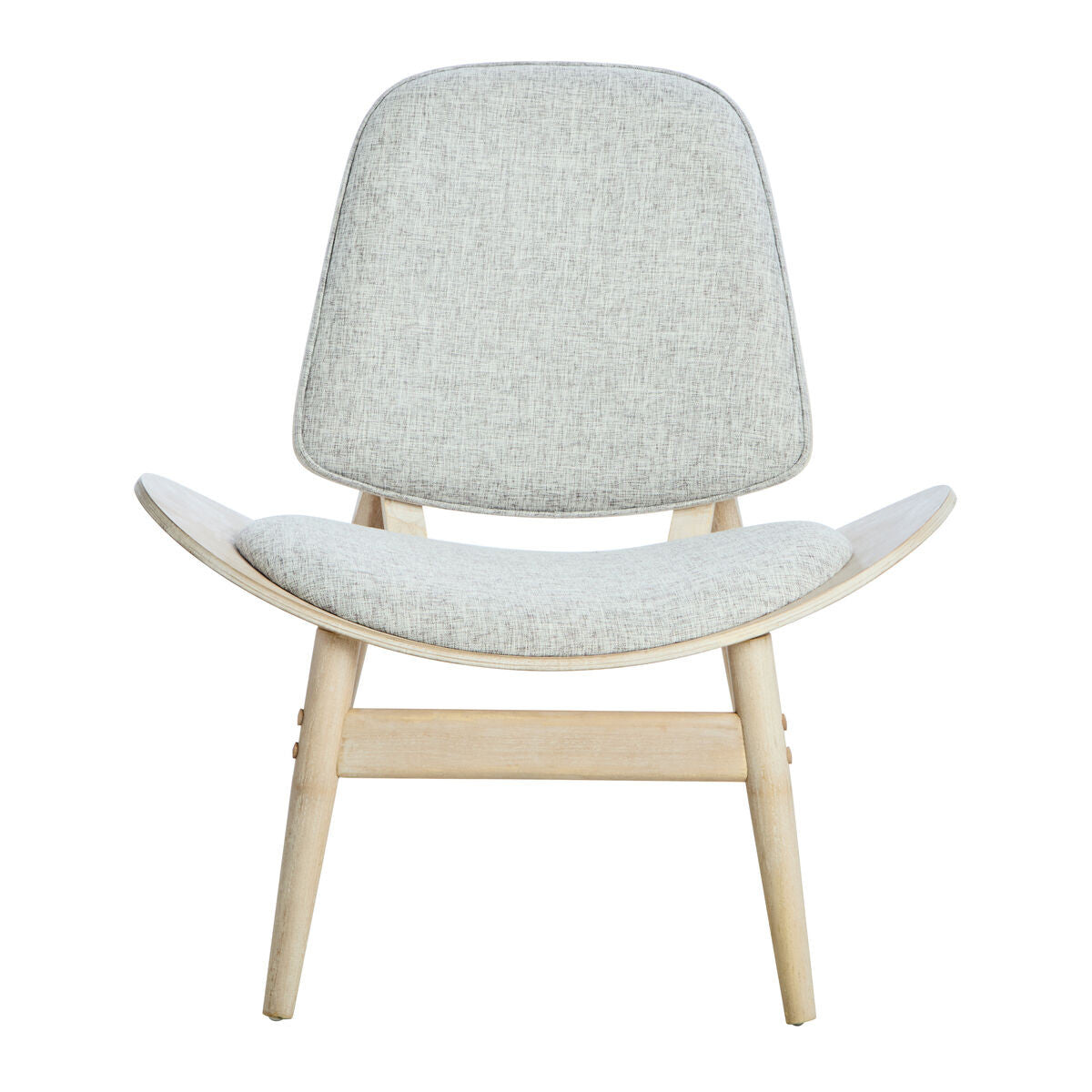 Stylish grey fabric chair featuring a curved seat and backrest, complemented by washed elm wood legs.