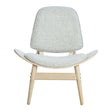 Stylish grey fabric chair featuring a curved seat and backrest, complemented by washed elm wood legs.