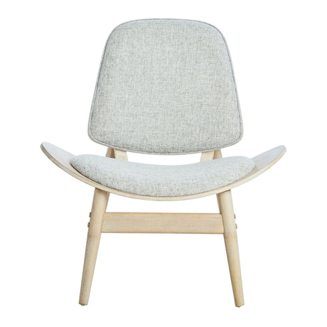Stylish grey fabric chair featuring a curved seat and backrest, complemented by washed elm wood legs.