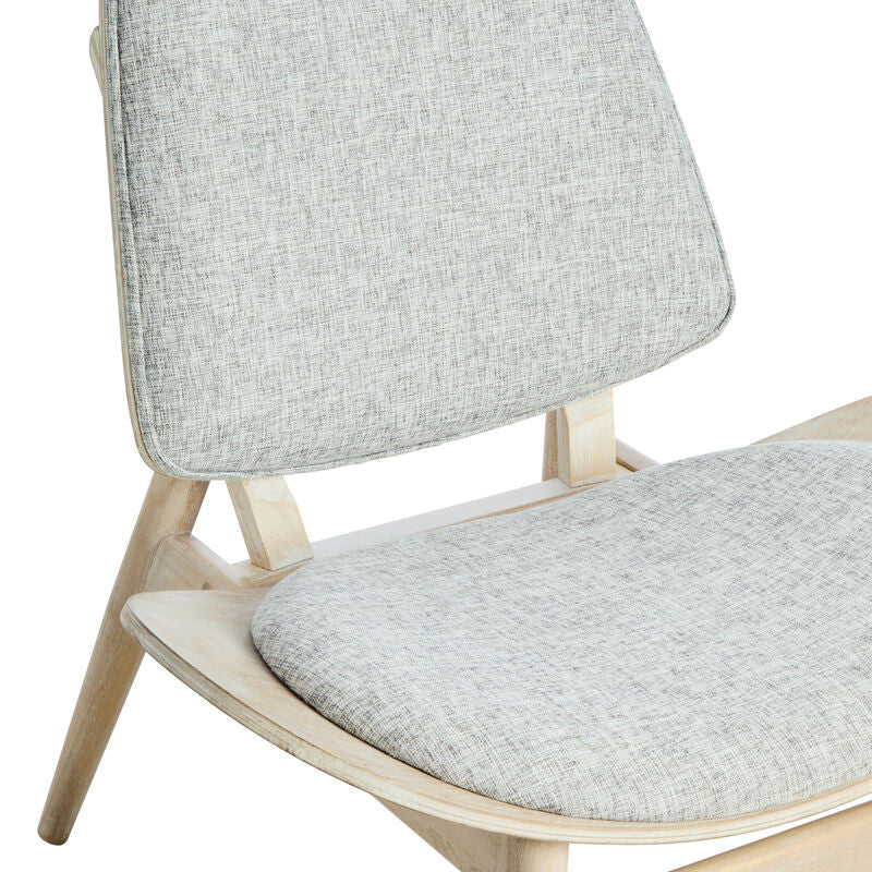 Grey fabric chair featuring a rounded backrest and cushioned seat, supported by a washed elm wood frame with angled legs.