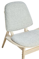 Grey fabric chair featuring a rounded backrest and cushioned seat, supported by a washed elm wood frame with angled legs.