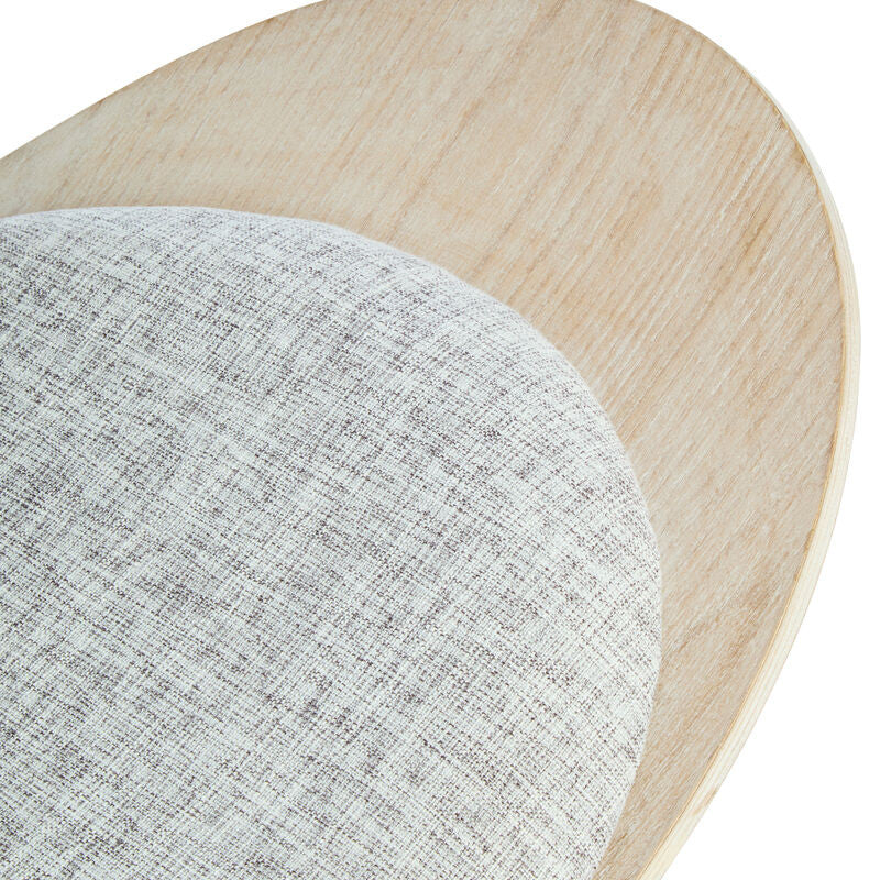 Grey fabric upholstery with a textured finish covers the rounded seat of the chair, complemented by a light washed elm wood backrest and frame.