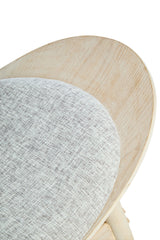 Grey fabric upholstery with a textured finish covers the rounded seat of the chair, complemented by a light washed elm wood backrest and frame.