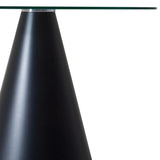 Black metal cone base with clear glass tabletop, modern dining table close-up