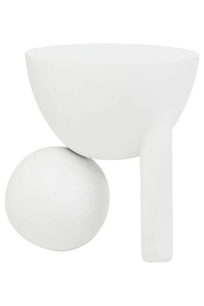 Modern white ceramic accent table with geometric sphere and leg design