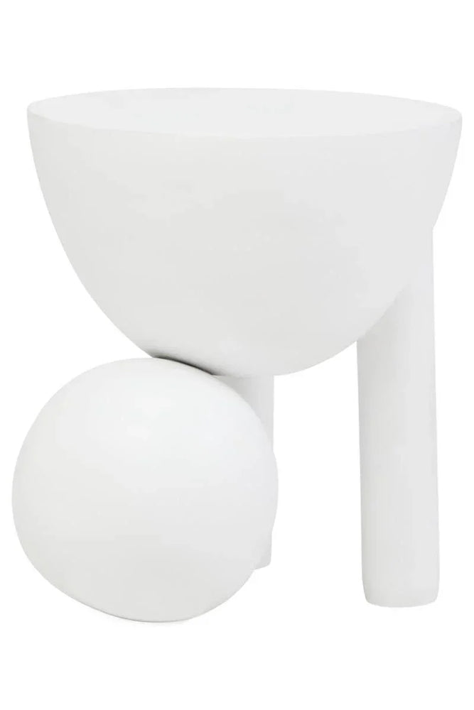 White ceramic planter with modern geometric design featuring round and cylindrical shapes