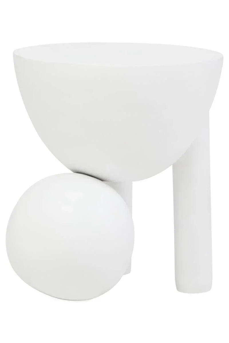 White ceramic planter with modern geometric design featuring round and cylindrical shapes