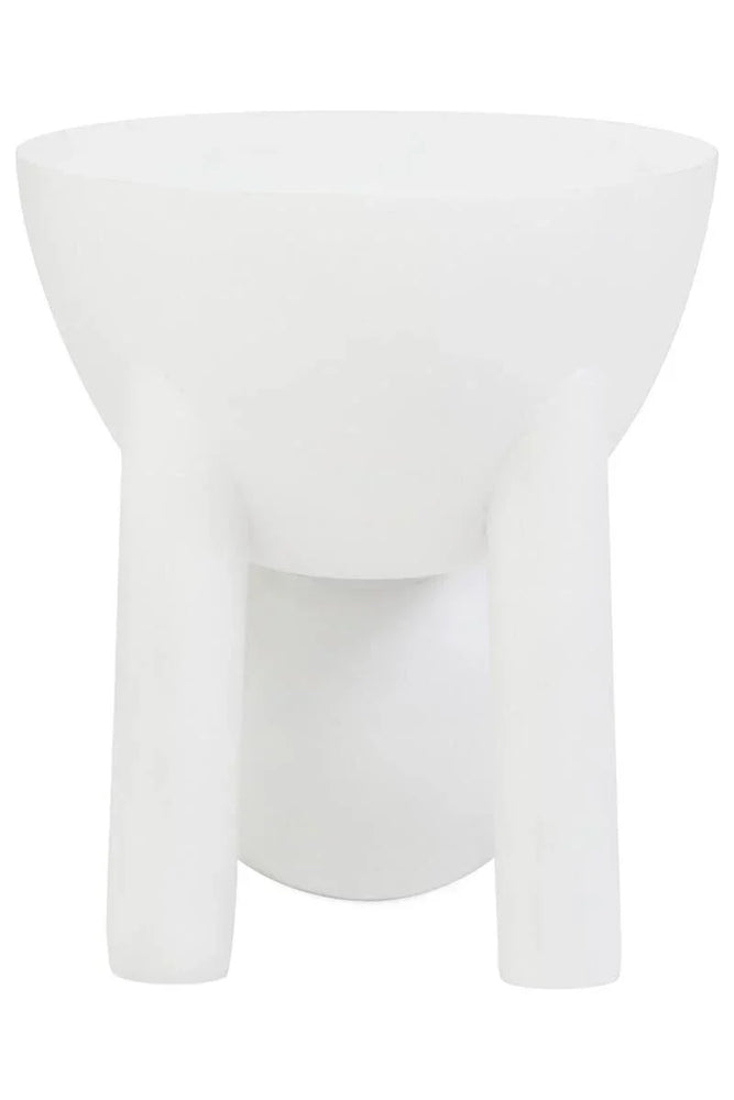 White modern side table with three cylindrical legs and round top