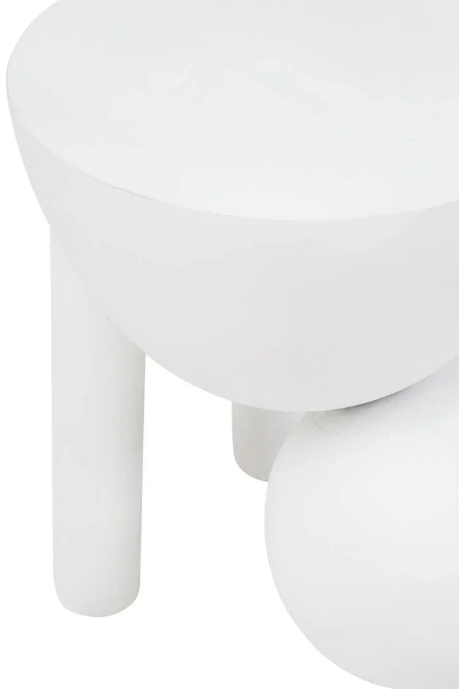 White round side table with three straight legs and spherical base detail