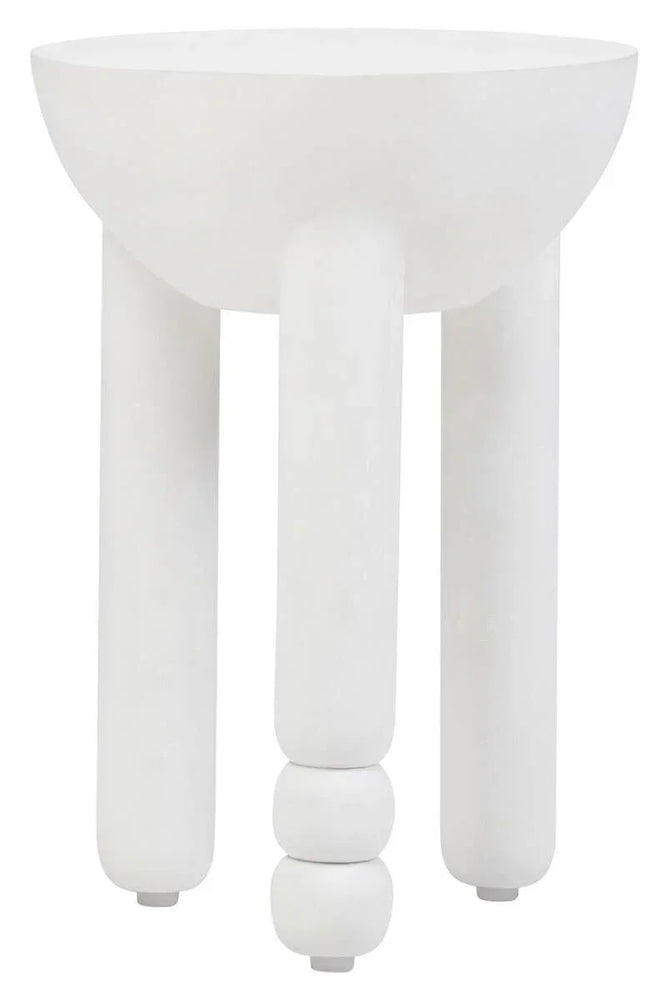 White modern side table with three rounded legs and smooth matte finish