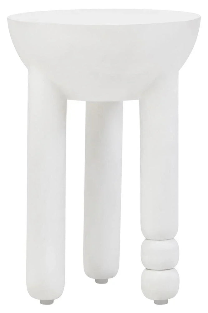White side table with three chunky legs and round top, one leg features stacked spheres