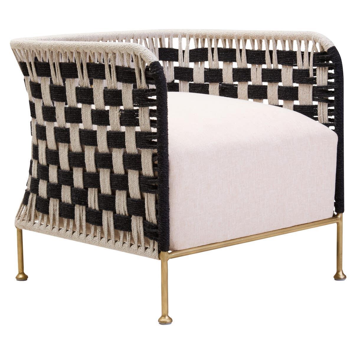 Modern accent chair with black and beige woven sides, cream cushion, gold metal legs