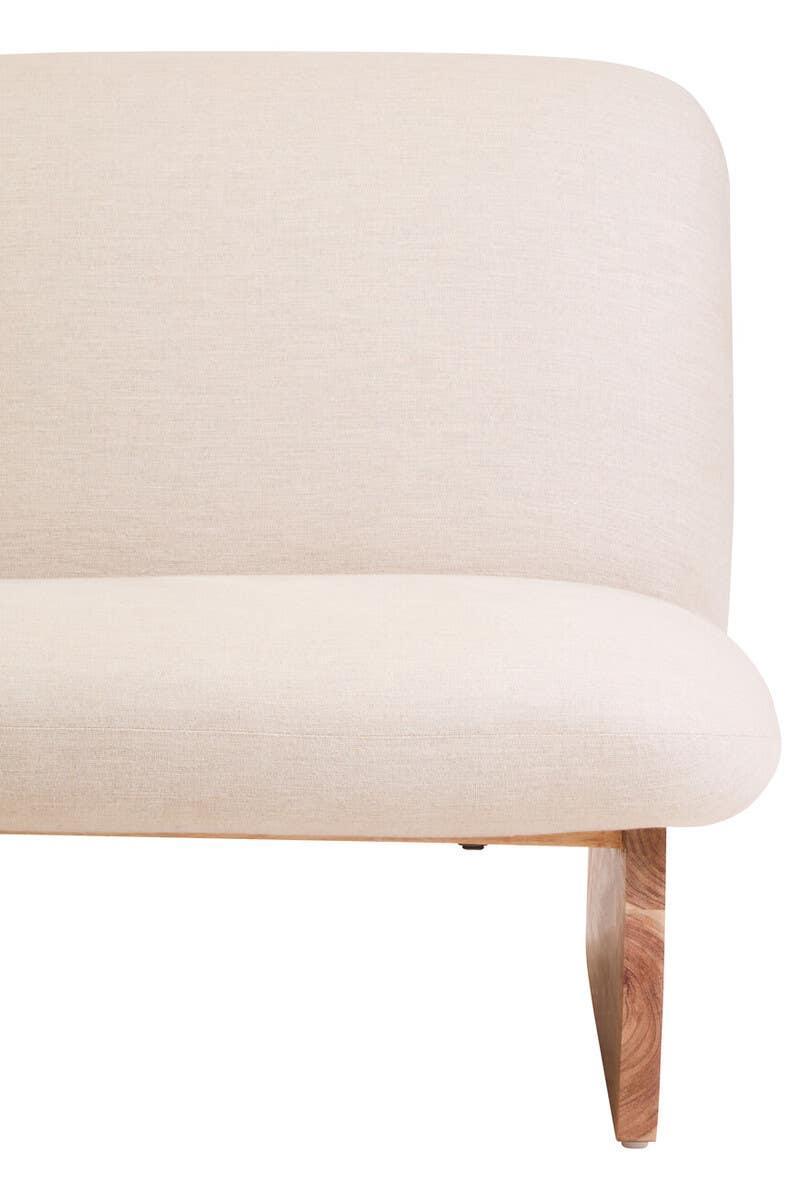 Cream fabric sofa with curved backrest and wooden leg, front angle view