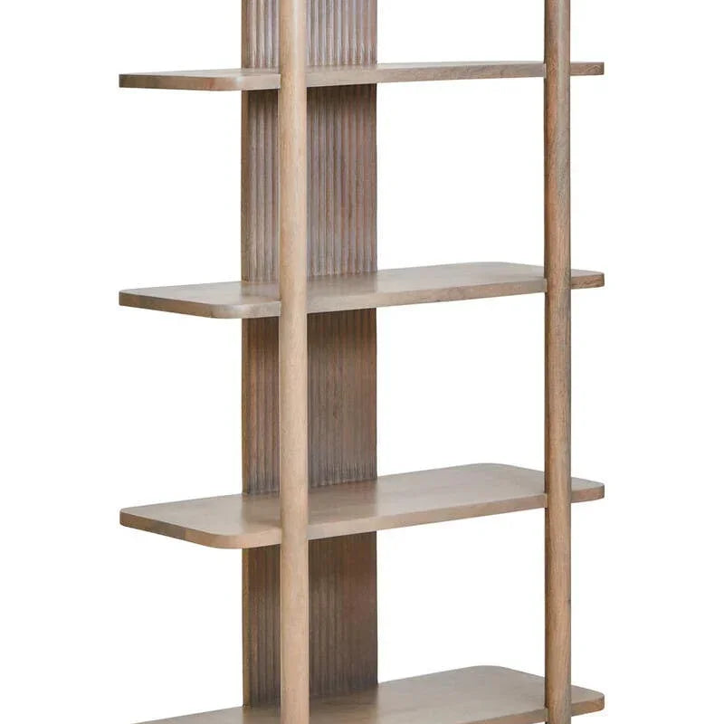 Modern wooden bookcase with five open shelves and fluted central panel