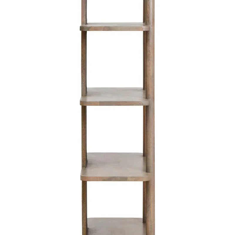 Tall wooden shelving unit with five open shelves, light wood finish, front view
