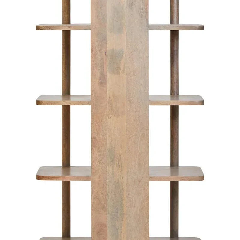 Natural wood shelving unit with six open tiers and central vertical panel, front view