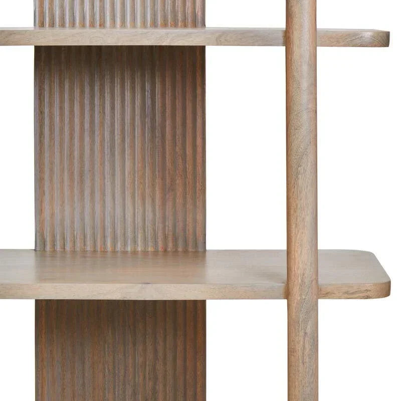 Mid-century bookcase with natural wood shelves and vertical grooved panel detail