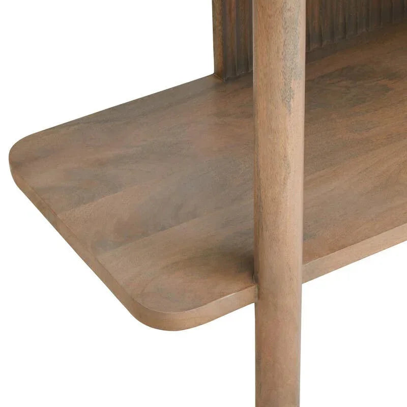 Close up of wooden shelving unit corner with rounded edges and natural wood grain finish