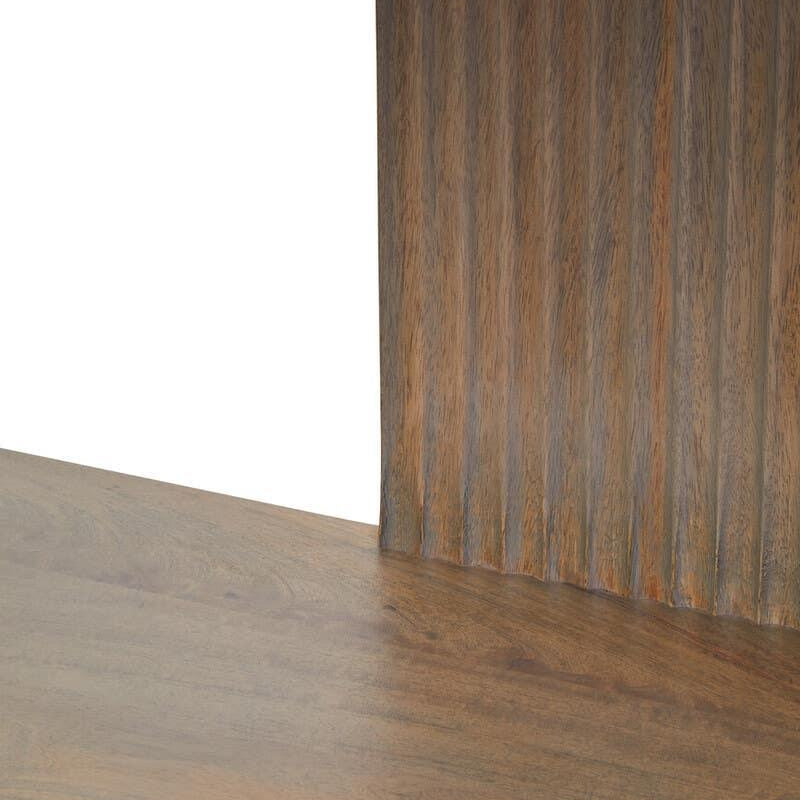 Closeup of wooden furniture table top with vertical panel and natural wood grain finish